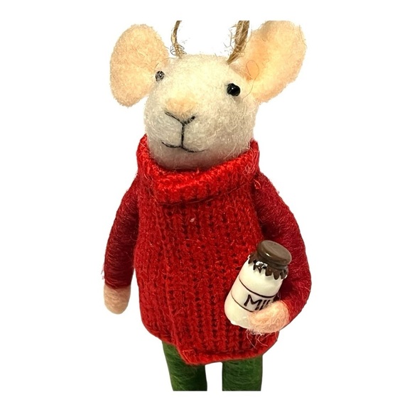 Vintage felt Christmas white mouse holding milk jar red sweater green legging 5” - Picture 13 of 15